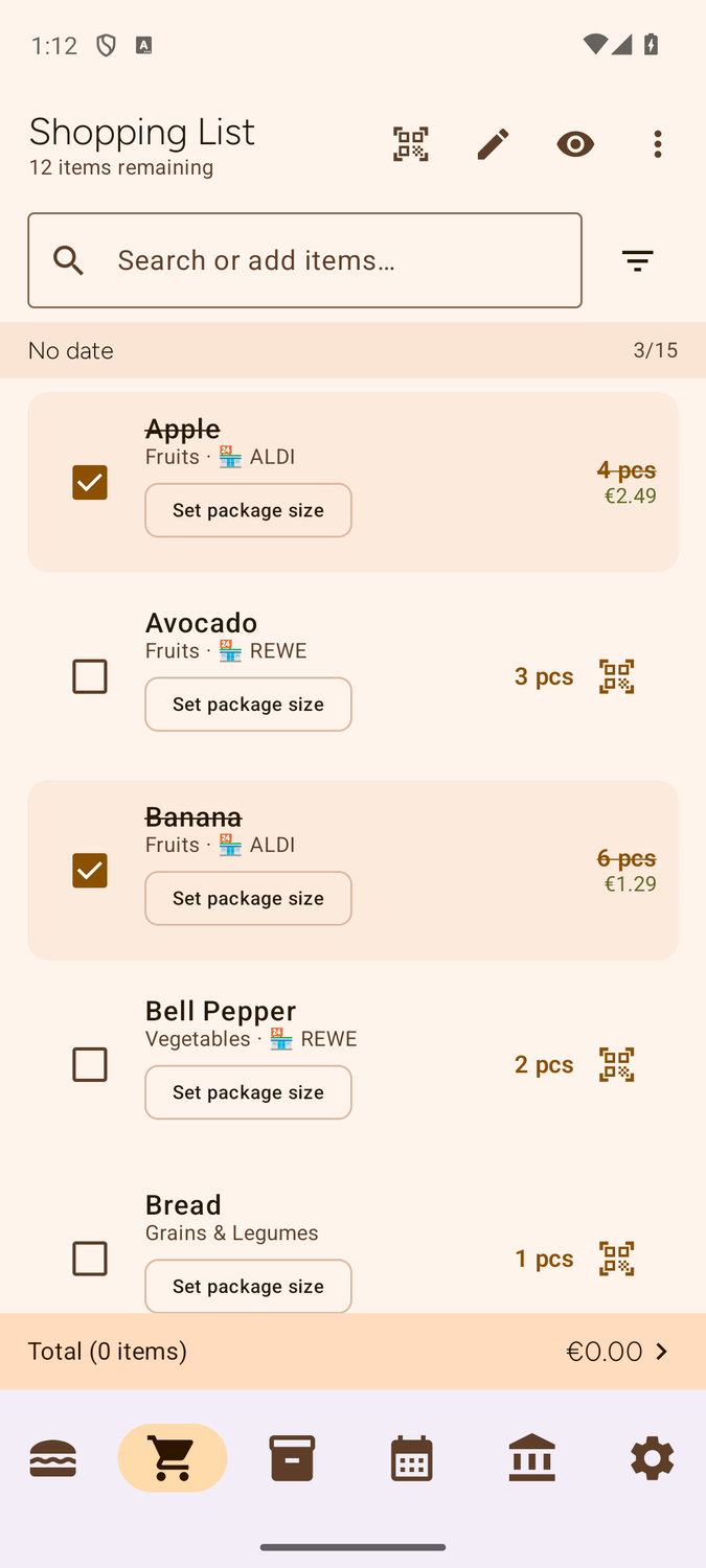 Shopping list screen